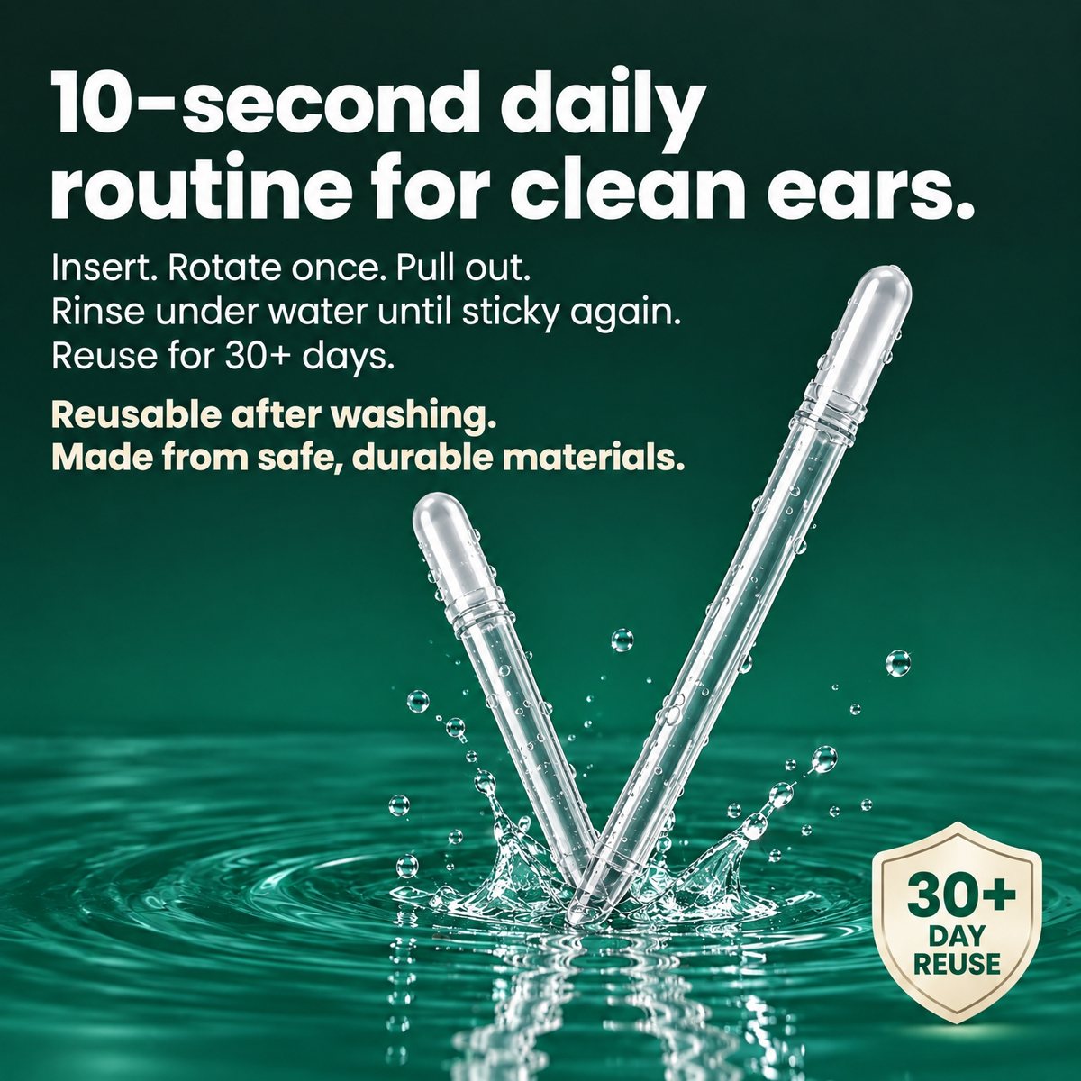 10-second daily ear cleaning routine, reusable sticky tip