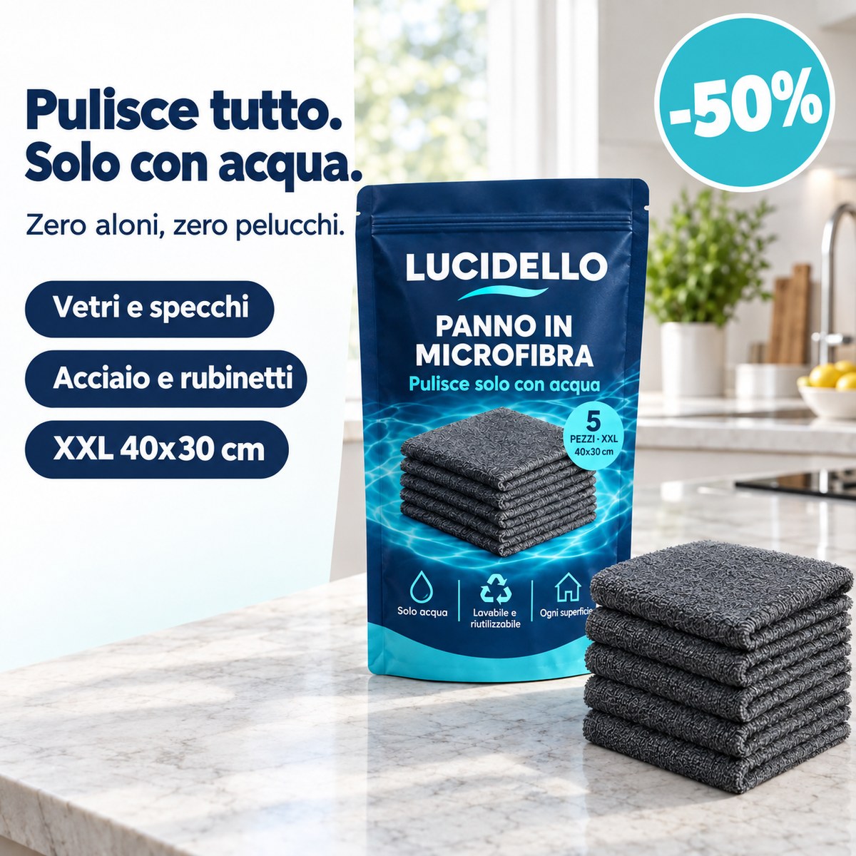 Panno in microfibra Lucidello, confezione da 5, pulisce solo con acqua